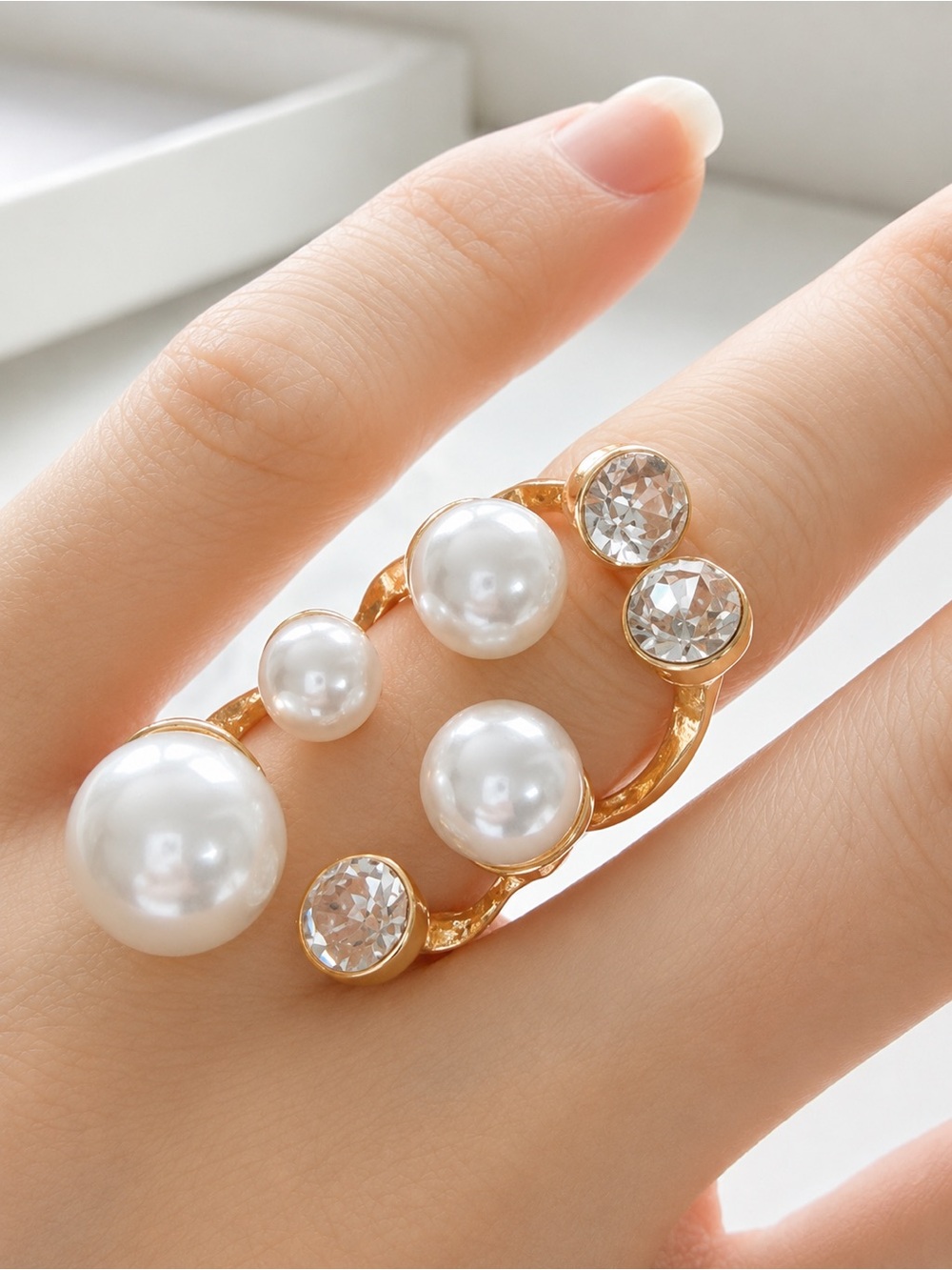 Gold-Tone Faux Pearl & Crystal Statement Ring – Costume Jewelry